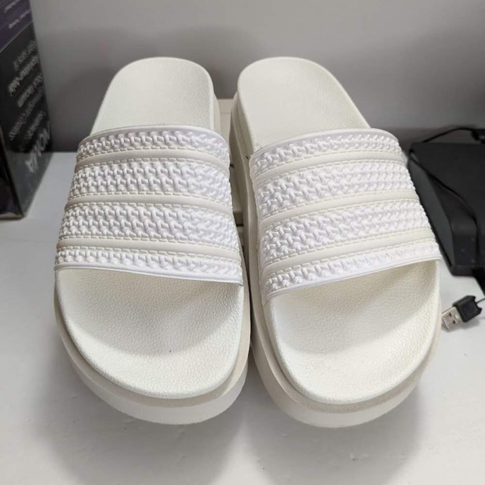 Adidas Women Size 9 Adilette Bonega Platform Slide White Three Stripe